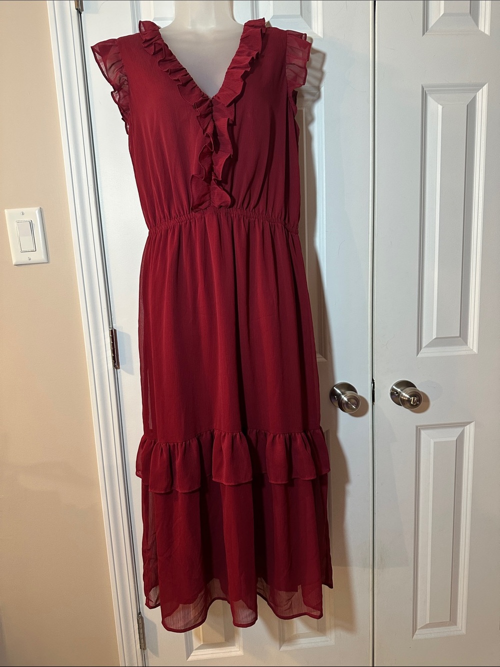 Banana Republic Factory Burgundy Ruffle V-Neck Maxi Dress